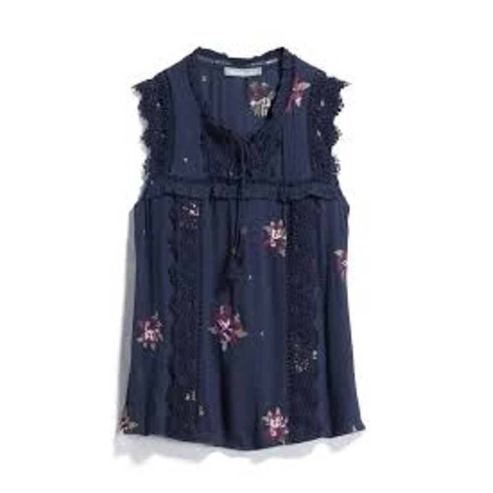 Cottagecore Navy Floral Embroidered Sleeveless Boho Blouse Tassel Lace Large
